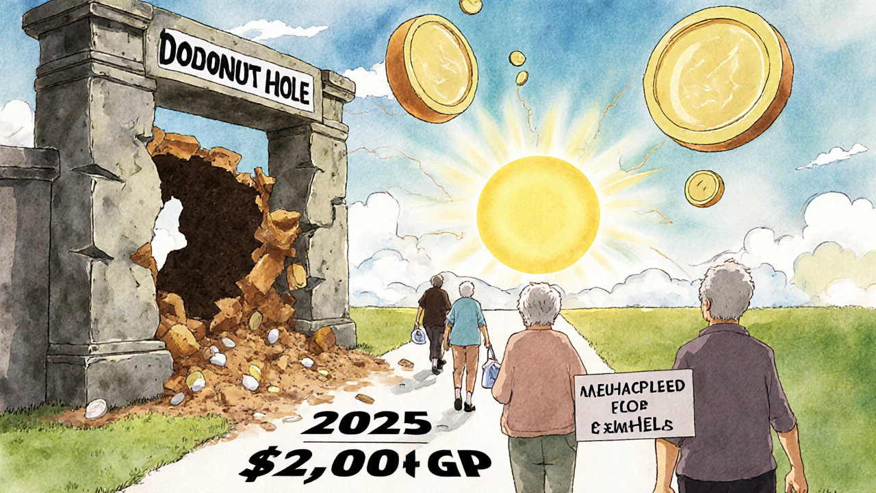A crumbling &#039;Donut Hole&#039; gate collapsing as seniors walk toward a new path labeled &#039;,000 Cap&#039; under a rising sun.