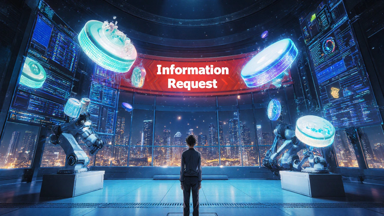 A digital FDA review room with holographic data streams and an Information Request banner flashing.