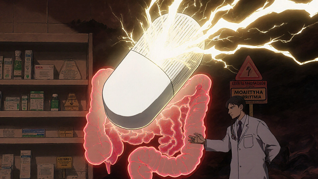 A glowing loperamide pill above a heart with electrical sparks, while a doctor tries to stop it.