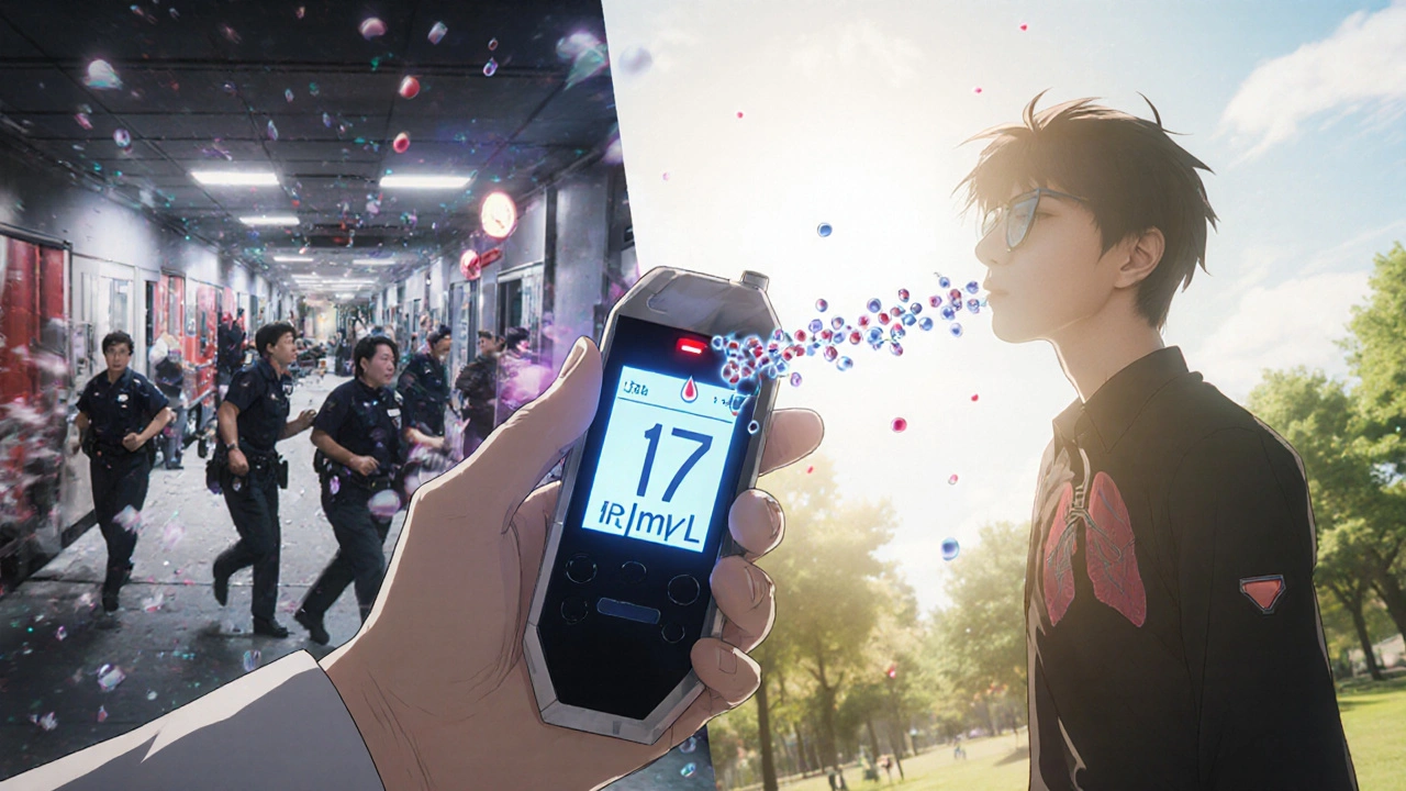 A handheld device measuring theophylline levels with a holographic readout, contrasting chaotic ER and peaceful outdoor scenes.