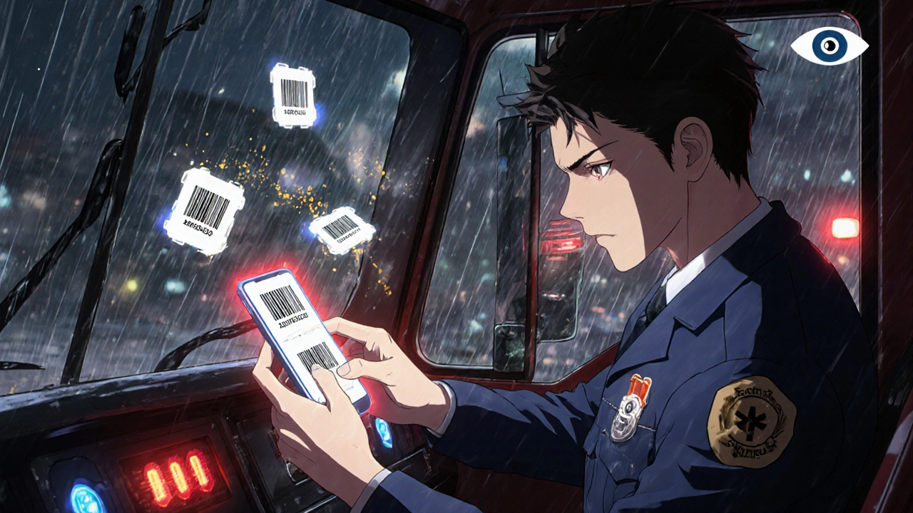 A paramedic uses a smartphone app to check expiration dates on emergency meds inside a fire truck, glowing digital alerts dissolving into light.