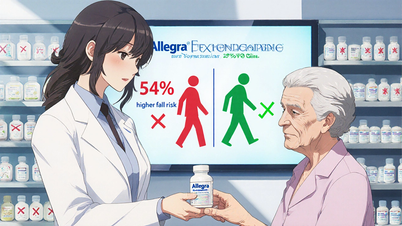 A pharmacist gives an older woman a safe antihistamine pill, with risk comparison screen in background.