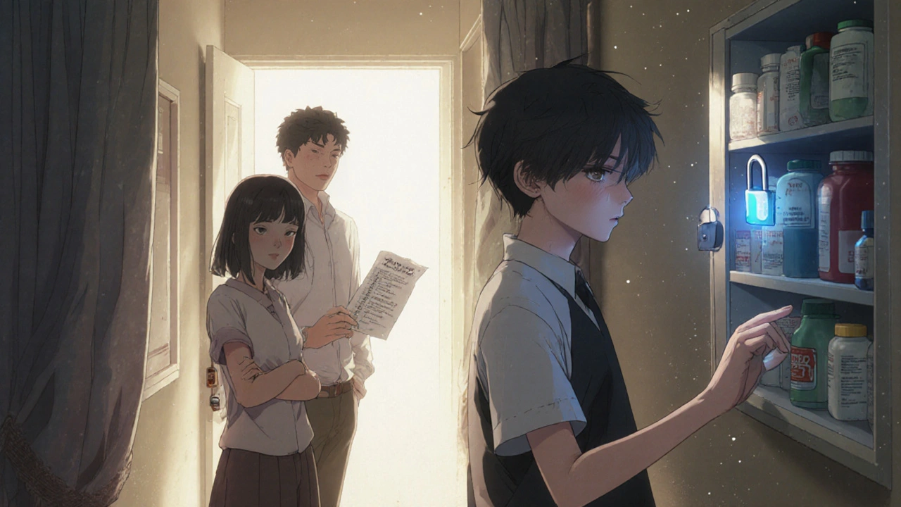 A teenager pausing near a smart-locked medicine cabinet while a parent holds a medication list, symbolizing safe storage and trust.