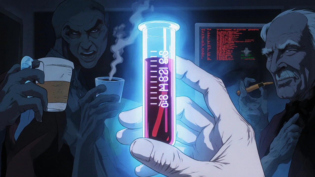 An elderly patient holding a blood vial with rising theophylline levels, surrounded by spectral drug interactions causing danger.