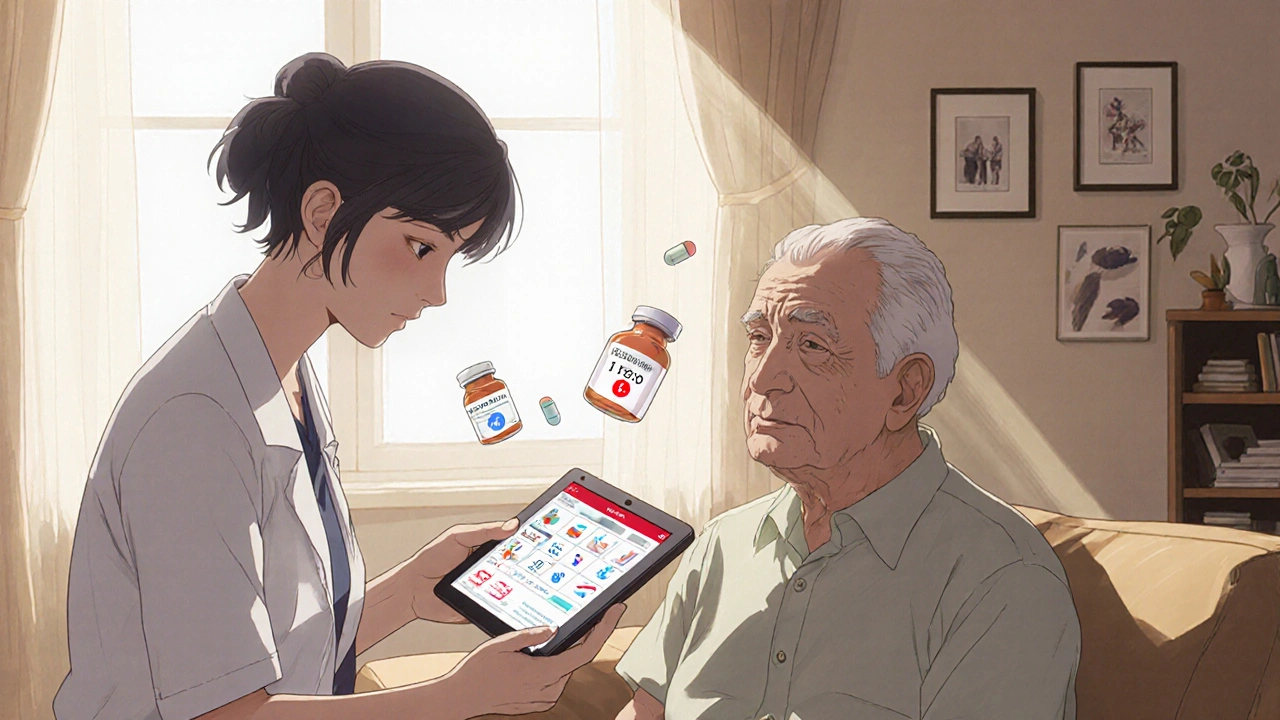 An elderly patient receives a tablet showing a digital medication tracker with a warning for an expiring insulin bottle, in a warm home setting.