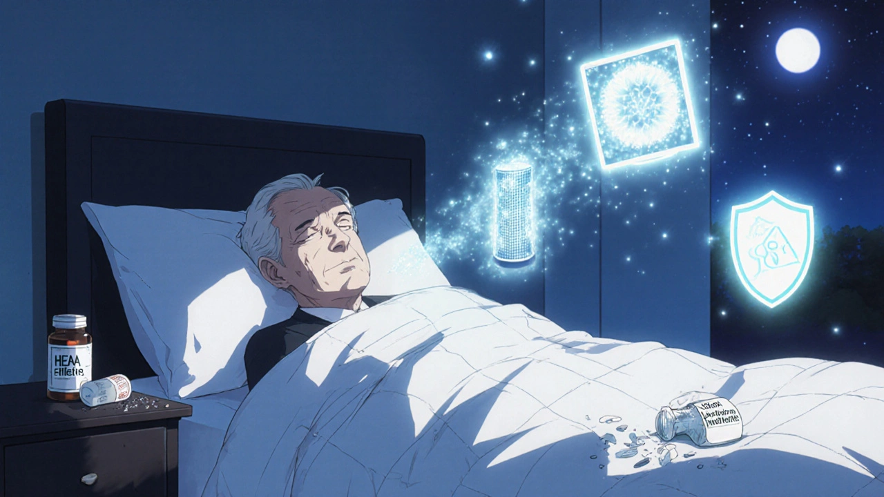 An older adult sleeps peacefully as natural allergy solutions glow softly in the bedroom at night.