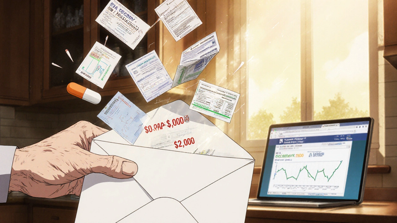An older person opening a mail-order envelope as prescription labels transform from expensive brands to generics.