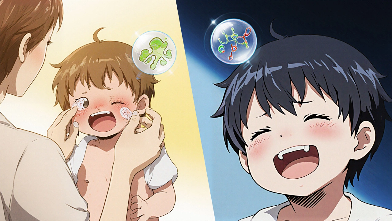 Child with diaper rash transitioning from distress to relief with treatment.