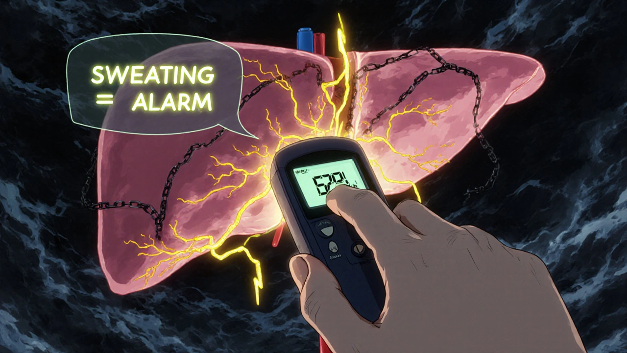 Close-up of low blood sugar reading with liver unable to release glucose, while sweat is the only visible alarm signal.