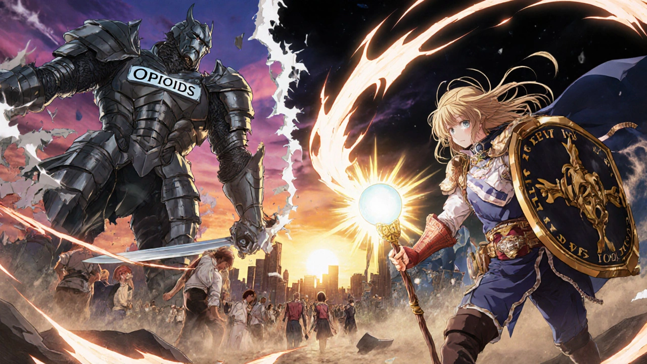 Epic anime battle between a dark opioid monster and a radiant non-opioid hero with medical symbols glowing in the background.