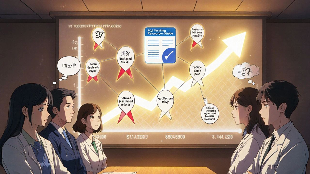 Medical team learning from holographic clinical trial data, FDA guide glowing above, patient outcomes visualized as glowing ribbons.
