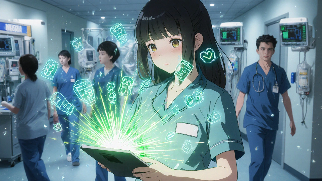 Nurse rapidly entering weight into a hospital dosing app during an emergency, digital dosage data glowing around her.