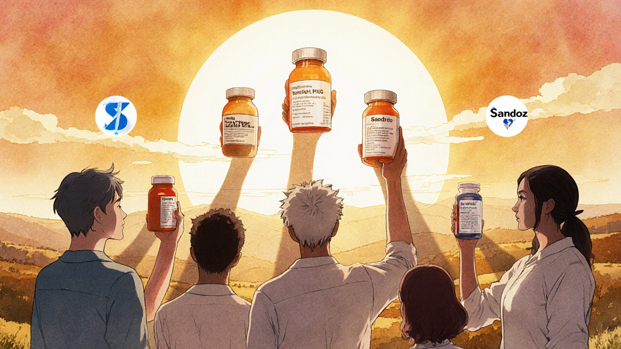 Patients holding generic drugs as their shadows morph into brand-name versions under a sunrise.