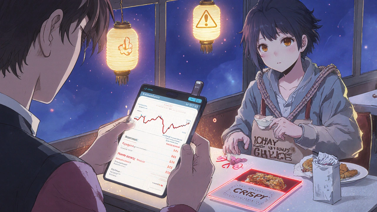 Person checking CGM while menu shows warning symbols for high-carb items, glucose tablets in hand.