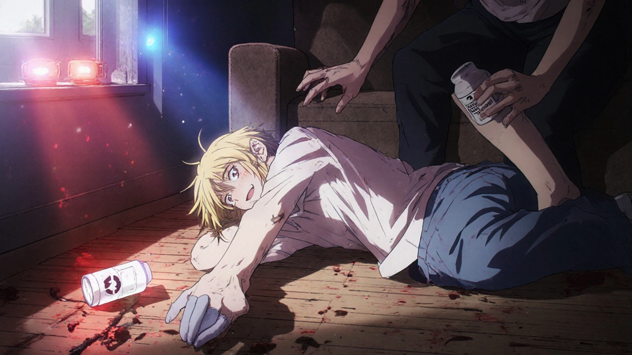 Person collapsing as family member administers naloxone with emergency lights flashing