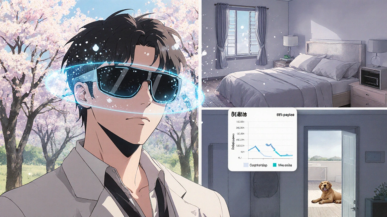 Person in sunglasses protected by a force field from pollen, with a clean bedroom in the background.