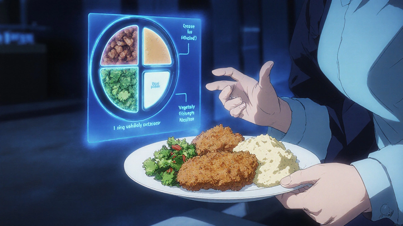 Person requesting healthier food swap as glowing plate method overlay appears beside unhealthy dish.