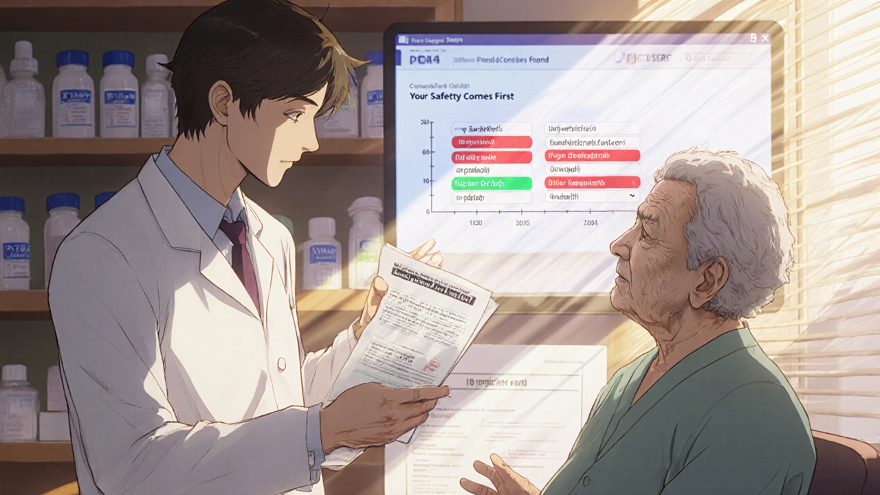 Pharmacist explaining medication safety to elderly patient, holographic timeline showing duplicate prescriptions resolving.