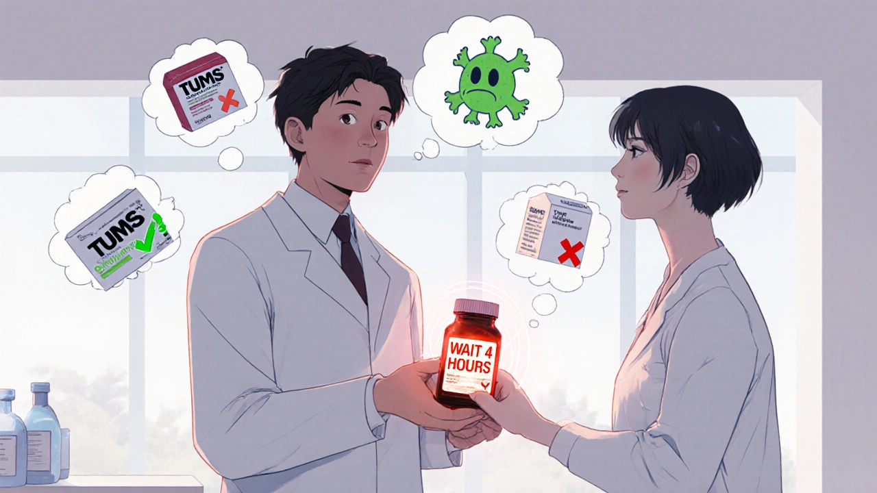 Pharmacist giving antibiotic with warning sticker, safe alternatives shown