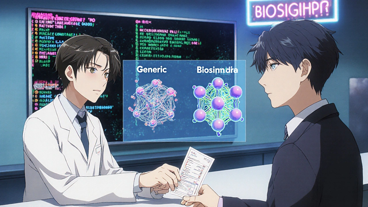 Pharmacist giving prescription as EHR screen displays errors, with generic vs. biosimilar molecular structures floating beside.