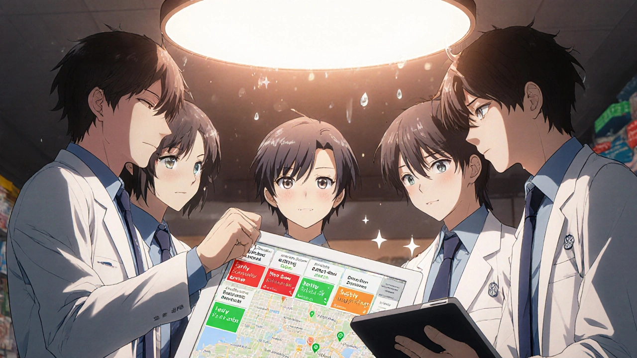 Pharmacy team reviewing color-coded medication alerts on tablets, one pointing to a map of pharmacy locations.