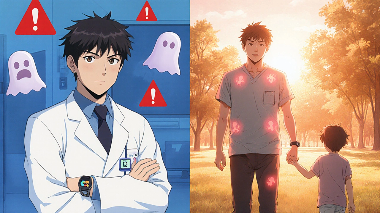 Split image: one side shows skepticism in an ER, the other shows joy in a park, symbolizing recovery through holistic care.