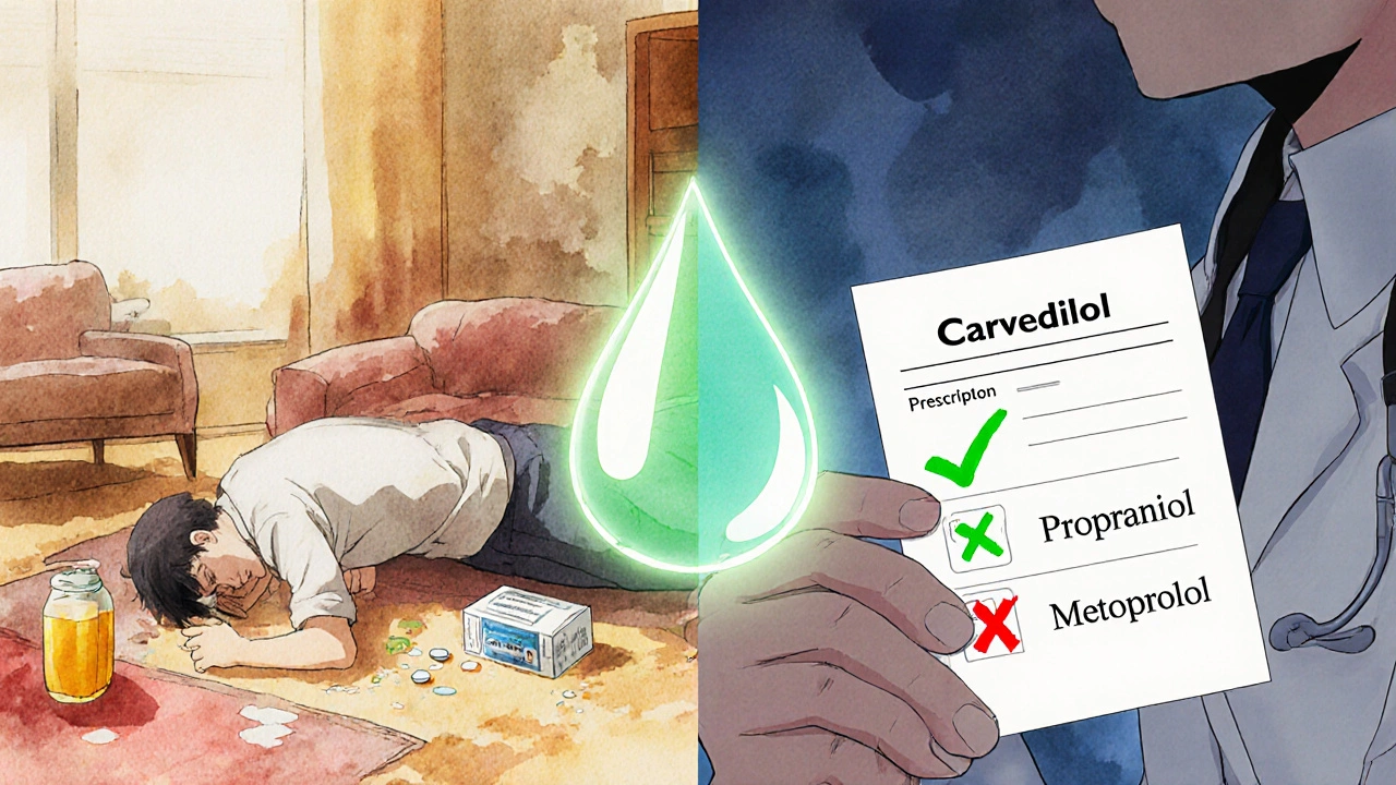 Split scene: patient collapsing vs doctor prescribing carvedilol, with a glowing sweat droplet as the only warning sign.
