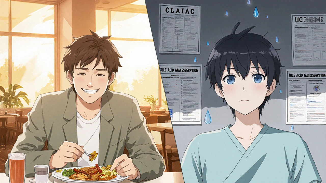 Split scene: person eating normally vs. same person in hospital surrounded by medical diagnosis labels.