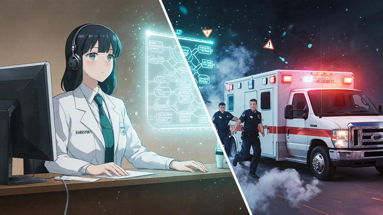 Split scene: Poison Control advisor guiding caller while ambulance rushes patient to ER