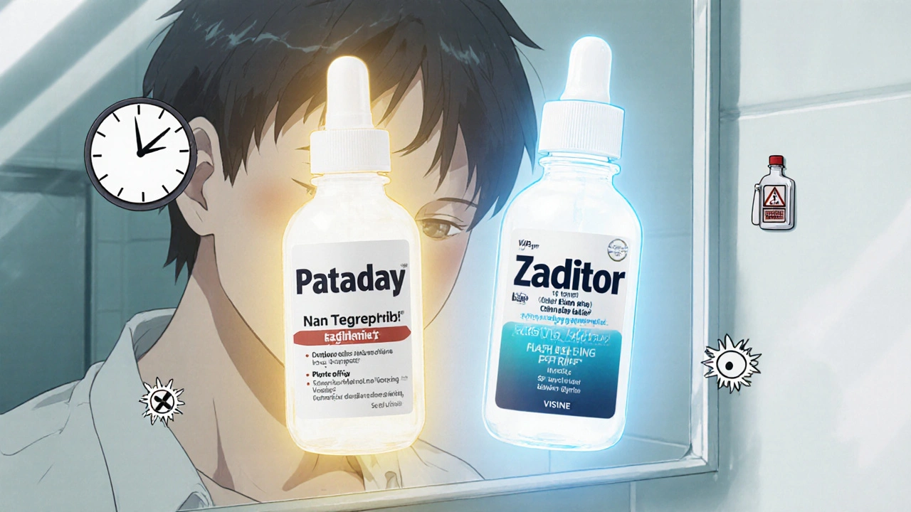 Two eye drop bottles glowing with different colors, symbolizing fast vs. long-lasting relief.