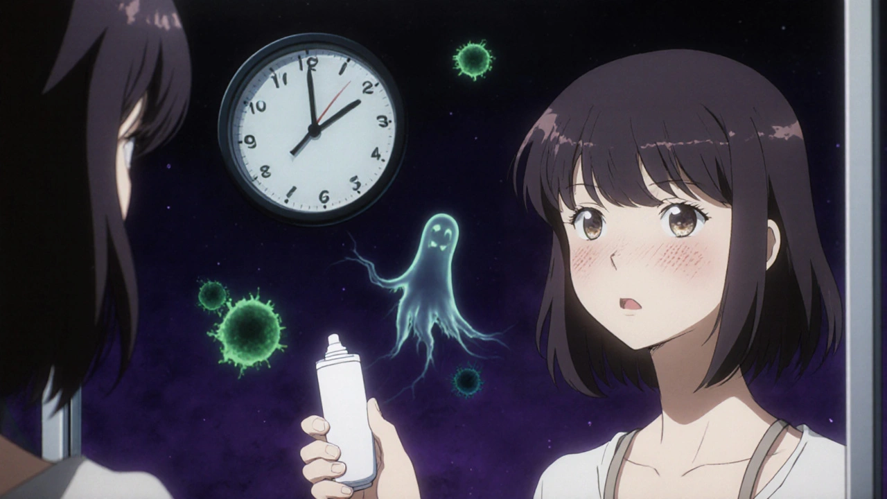 Woman noticing skin thinning in mirror with fungal spores and clock as warnings.