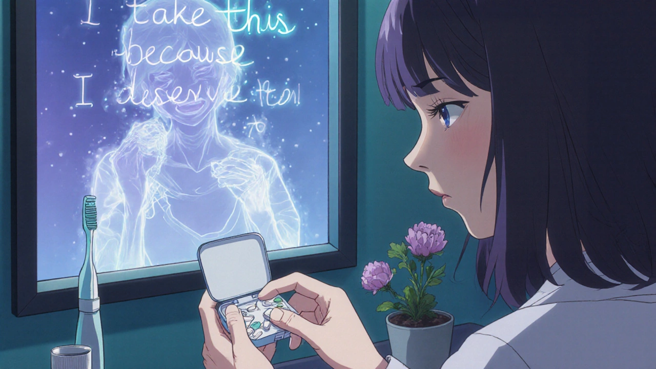 Woman placing medication next to toothbrush as her overwhelmed past self dissolves into light.