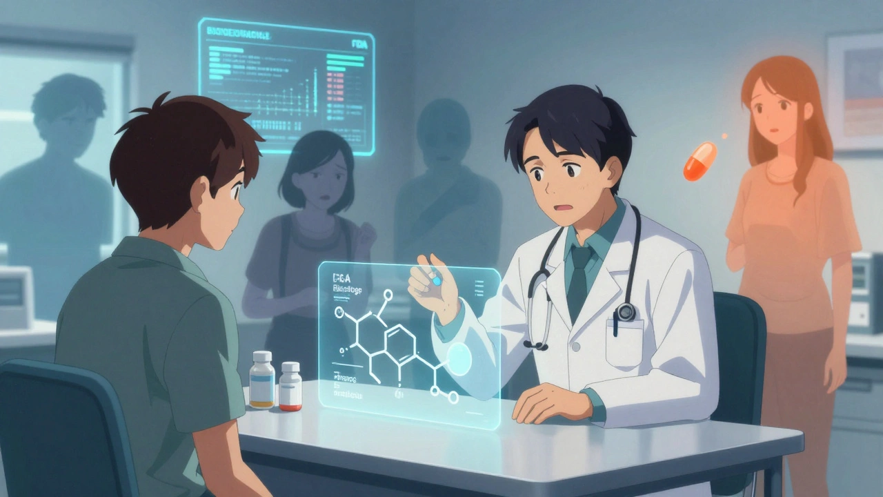 A doctor and patient sit at a clinic table, with transparent chemical structures and emotional ghost figures around them.