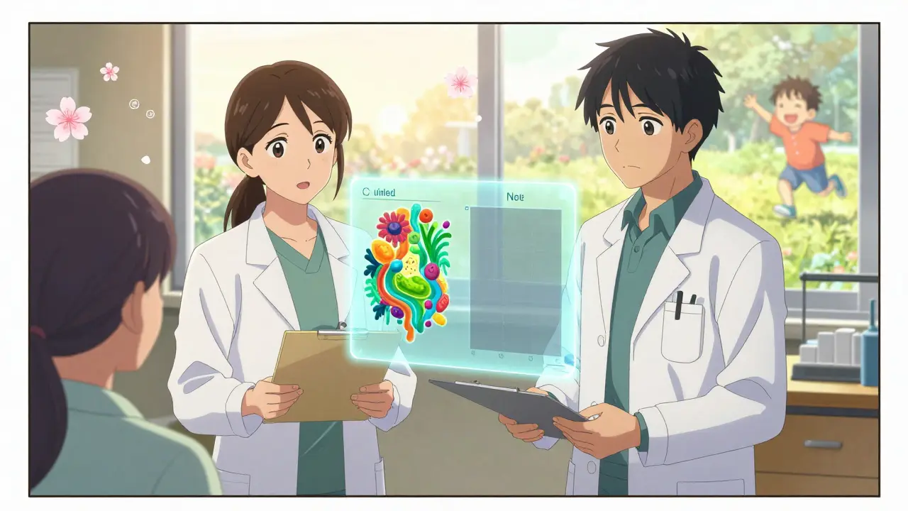 A doctor and pharmacist discussing a patient's chart with a holographic gut microbiome comparison in a bright clinic room.