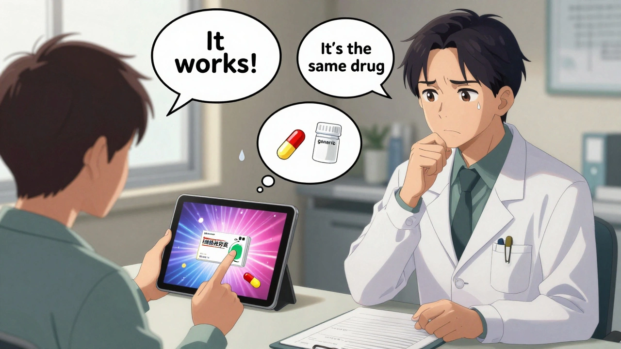 A doctor hesitates as a patient requests a branded drug shown on a tablet, with generic and brand pills visible.
