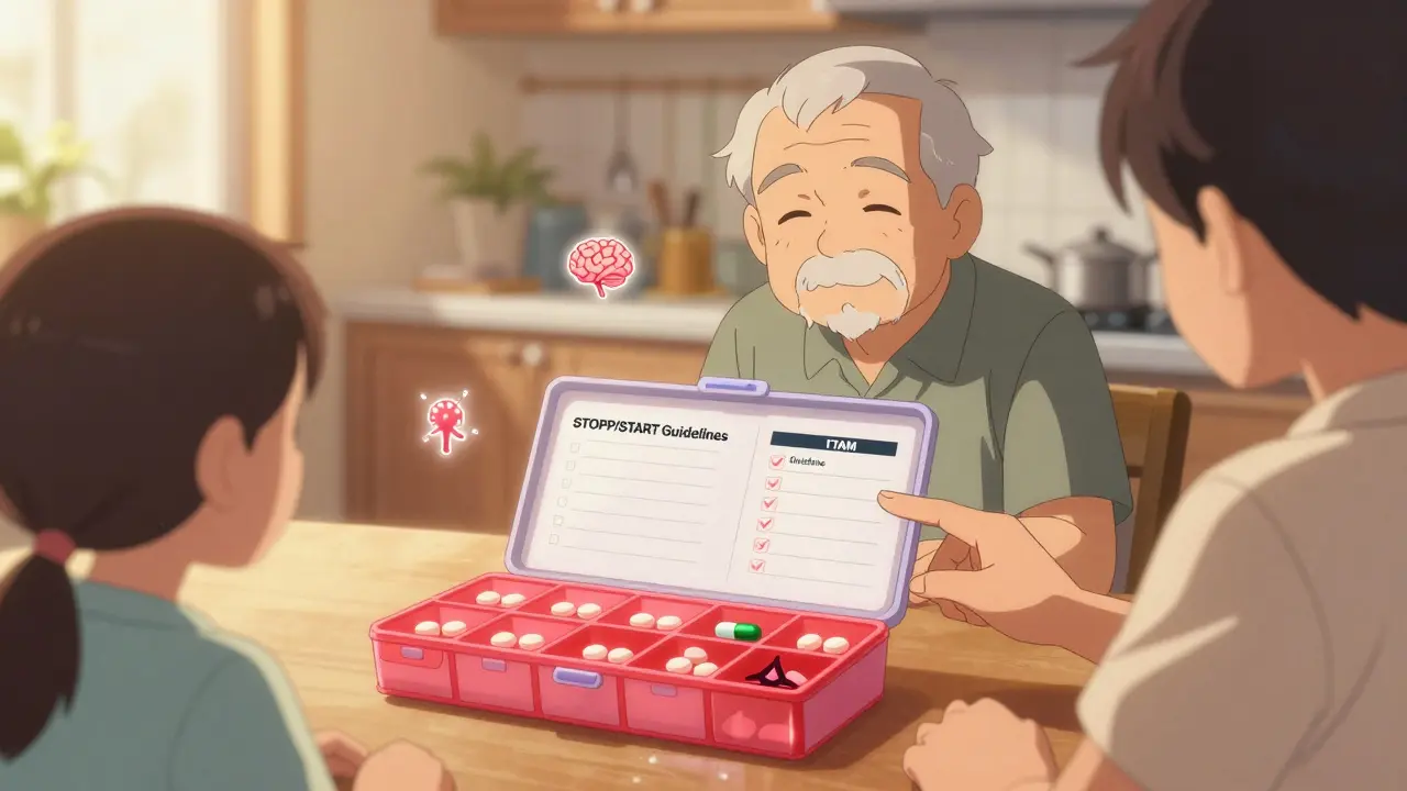 A family reviews medications at a kitchen table, replacing risky pills with safer alternatives and wellness icons.