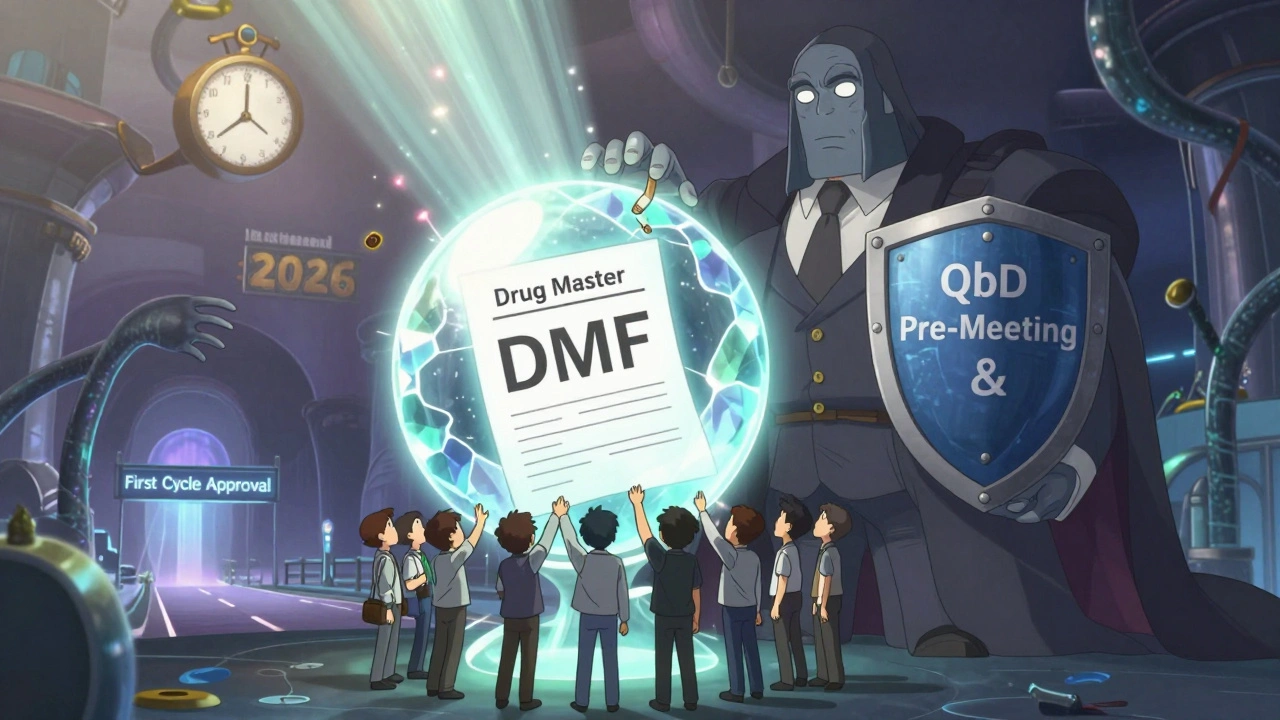 A fragile Drug Master File orb is protected by a QbD shield as AI light reaches down, symbolizing prevention in anime aesthetics.