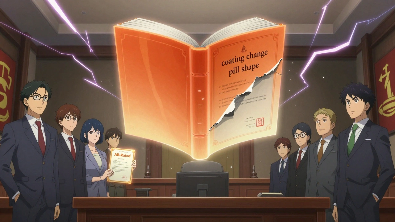 A giant Orange Book in a courtroom revealing invalid patents as generic drug developers hold up an AB-rated certificate.
