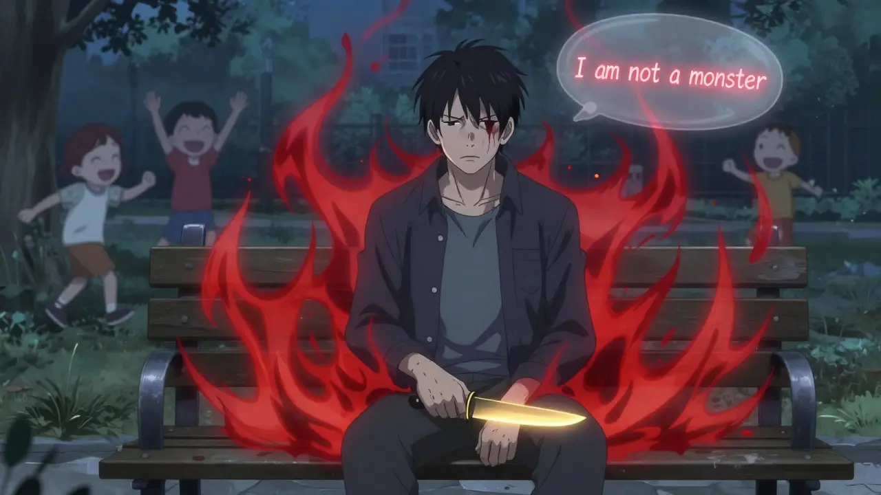 A man sits calmly holding a knife in a park, anxiety radiating around him while children play nearby, representing ERP therapy.