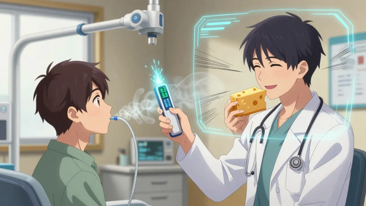 A patient taking a hydrogen breath test while a visual overlay shows them eating cheese without symptoms.