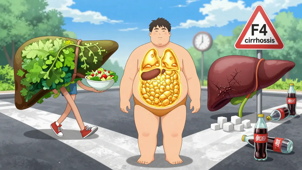 A person at a crossroads—one path to health, the other to a shrunken, scarred liver with warning signs.