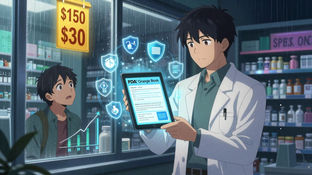 A pharmacist in a neon-lit pharmacy viewing the Orange Book on a tablet as a patient watches hopefuly outside.