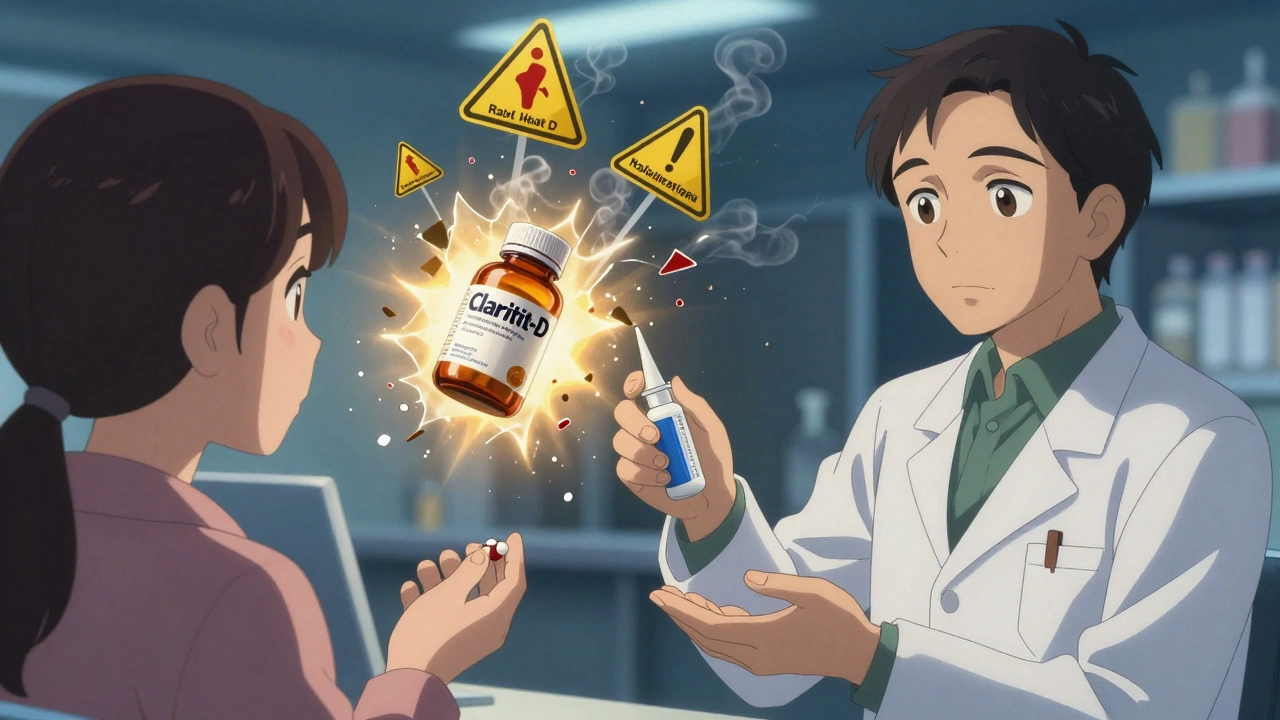 A pharmacist offering safe allergy remedies while dangerous pills shatter into warnings.