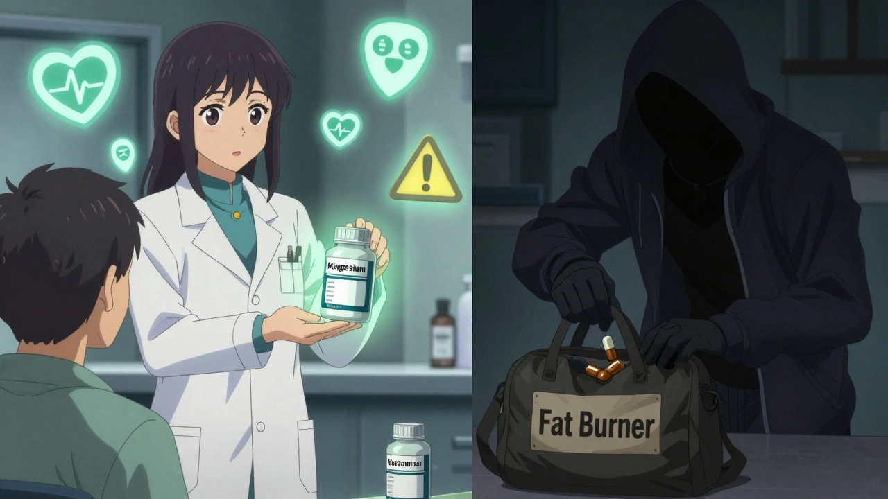 A pharmacist offers a safe supplement while a shadowy figure hides a dangerous yohimbe capsule in a gym bag.