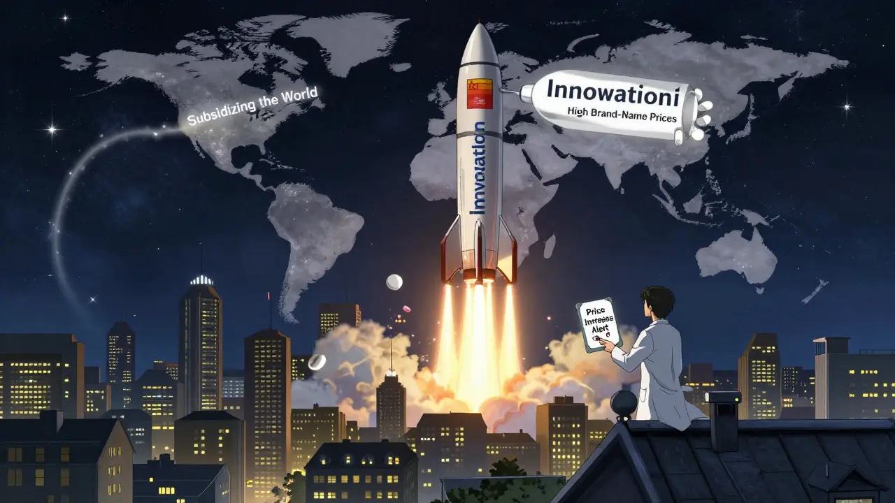 A rocket fueled by high U.S. drug prices launches into space, symbolizing global pharmaceutical innovation.