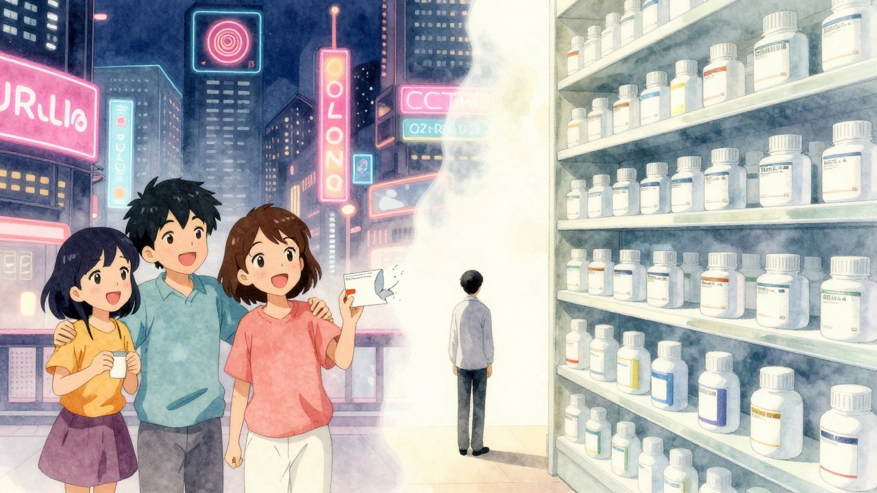 A split scene: a flashy ad-filled city versus a quiet pharmacy shelf, with a person caught between them.