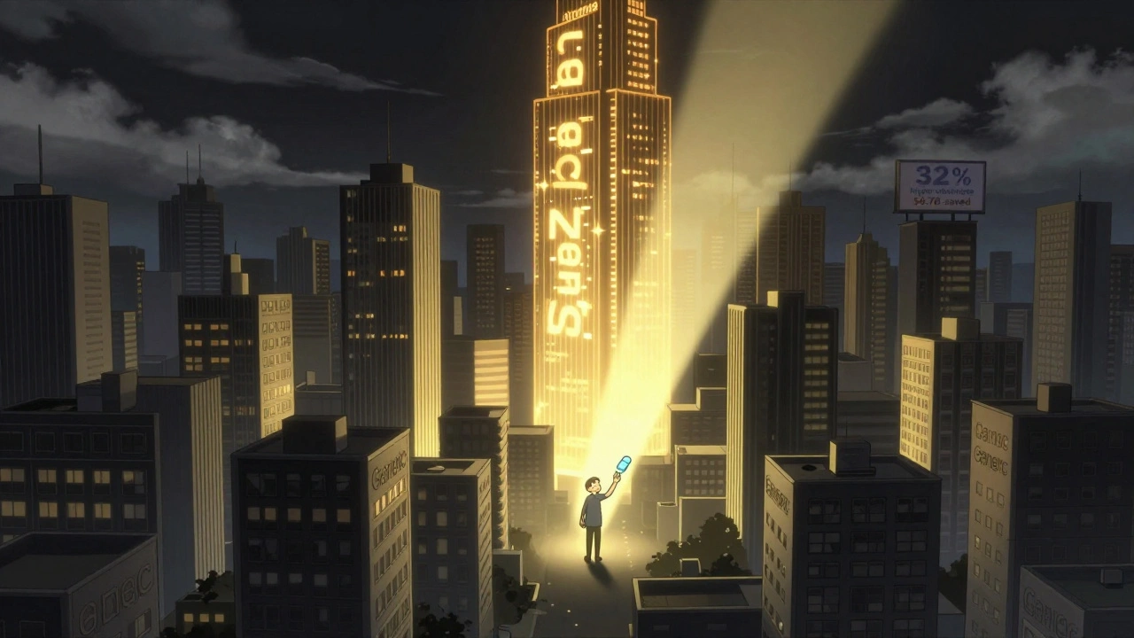 A subconscious cityscape where generic medication buildings glow with light as sunlight transforms doubt into trust.