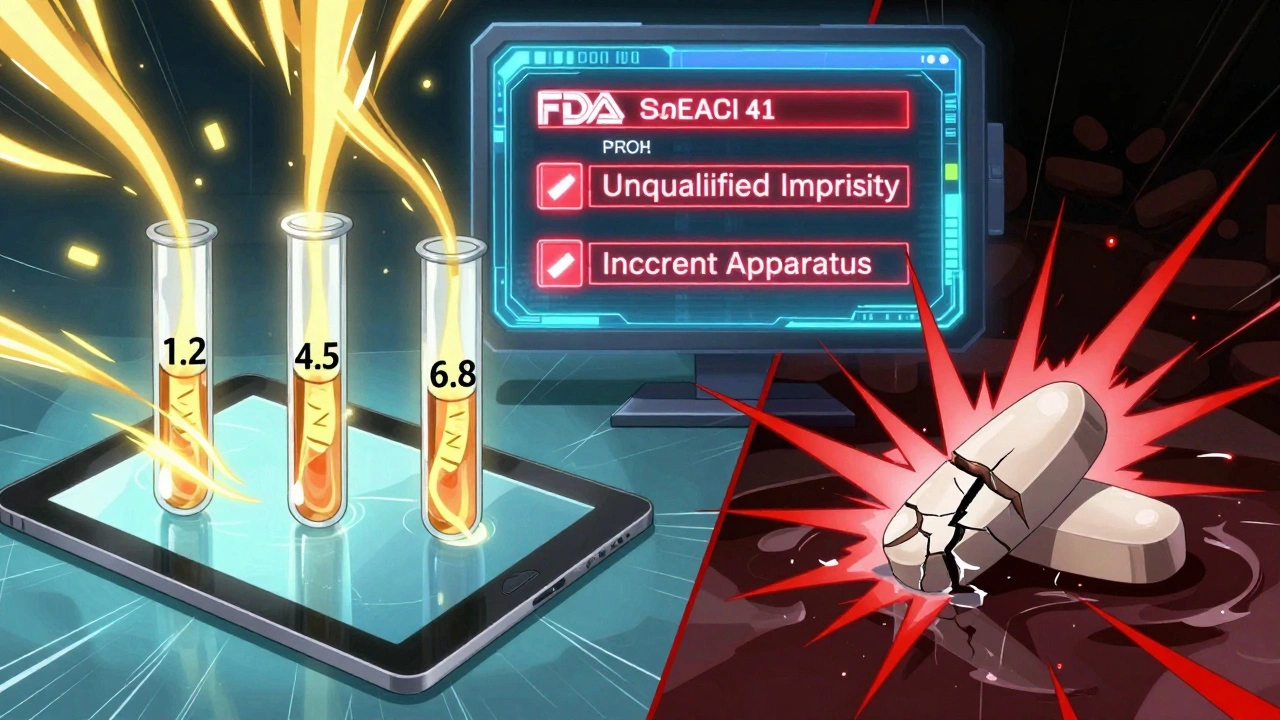 A tablet dissolves perfectly on one side, while another fails on the right, with FDA AI flags flashing red warnings in anime style.