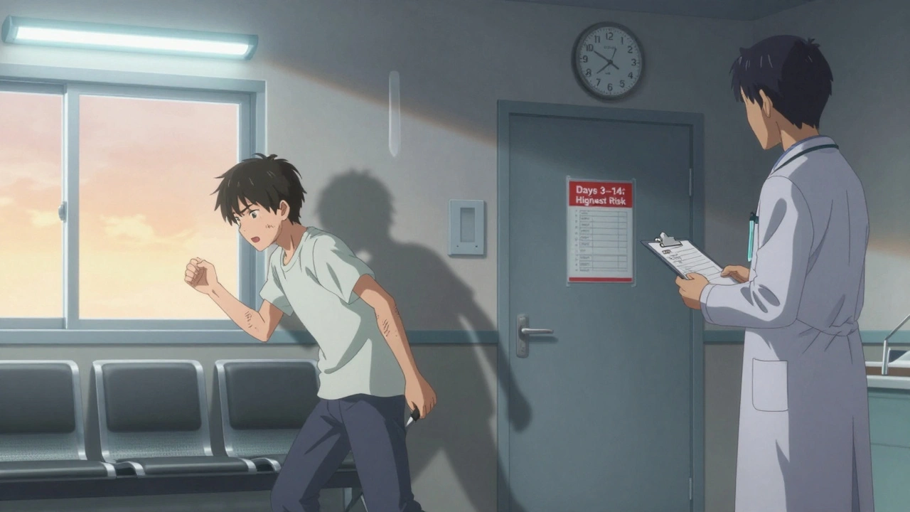 A teenager pacing in a hospital waiting room at dawn, their shadow morphing into a dangerous form, with a doctor nearby.