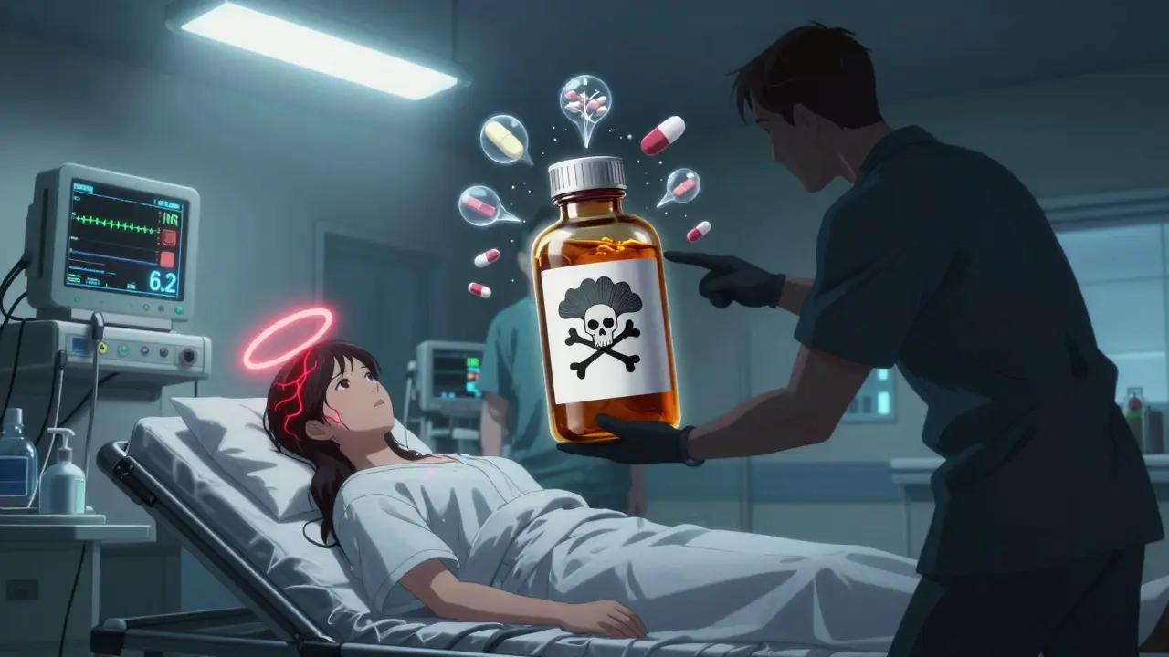 A woman in emergency room with glowing red veins and Ginkgo bottle labeled with warning symbols.